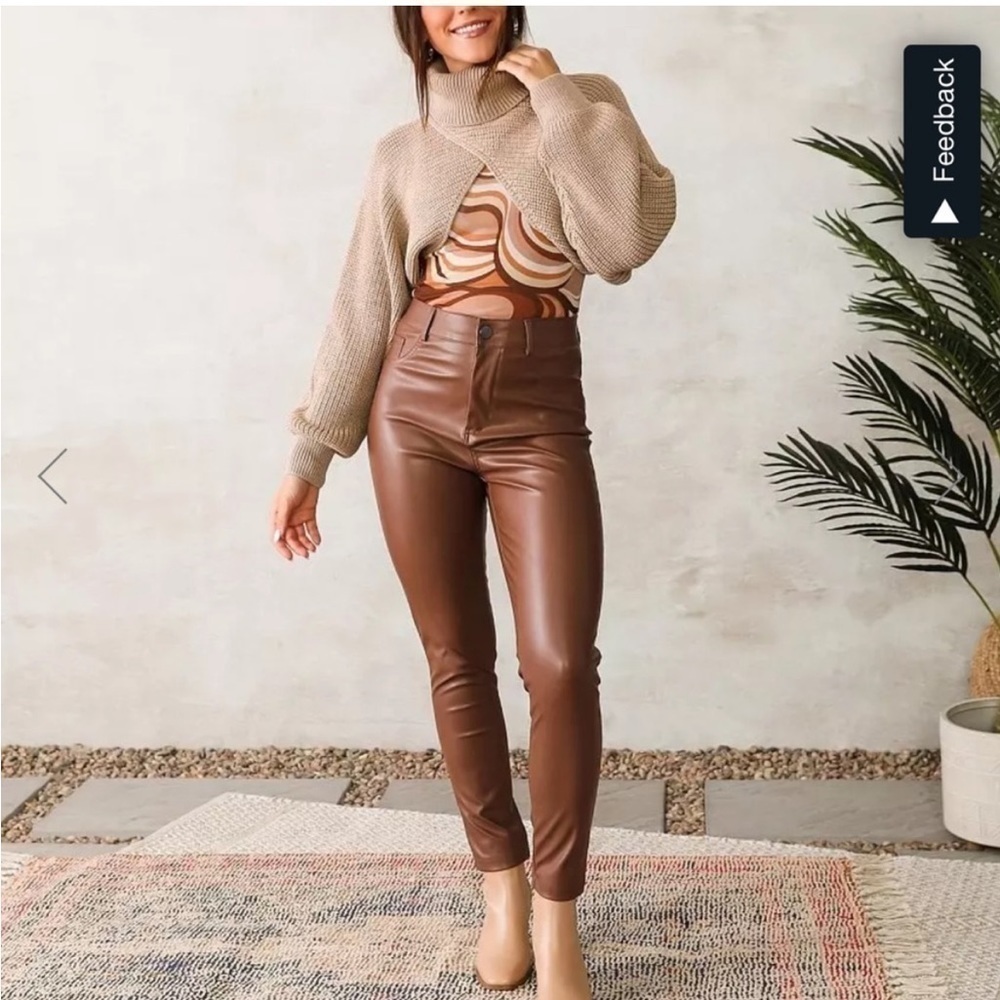 Shinestar Brown High Waist Perfect Fit Faux Leather Vegan Skinny Pant Size XL